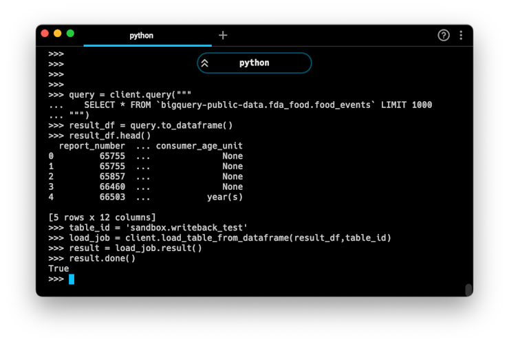 A successful DataFrame writeback to BigQuery