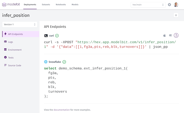 Modelbit's function dashboard and API endpoints