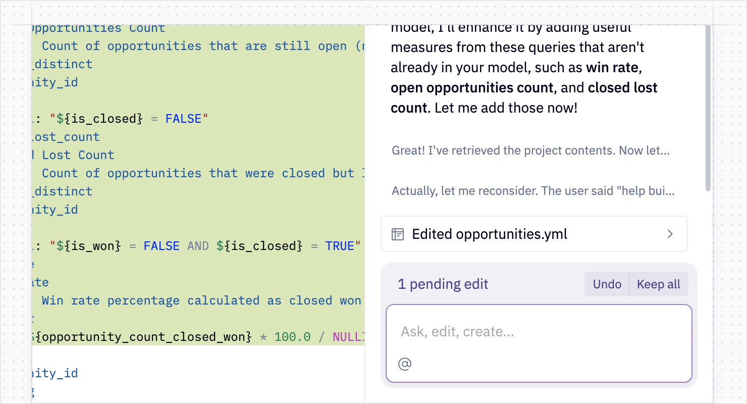 Review the agent’s proposed changes in a diff view.
