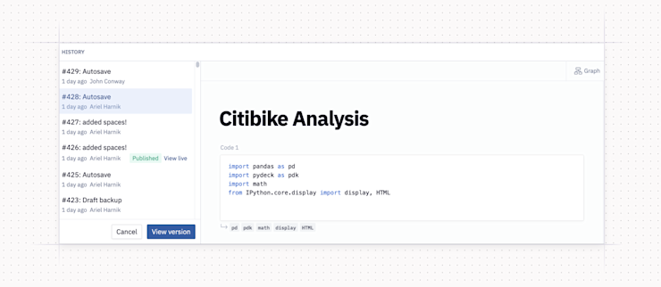 User views version history in Hex to restore a previous embedded analytics app without affecting live data