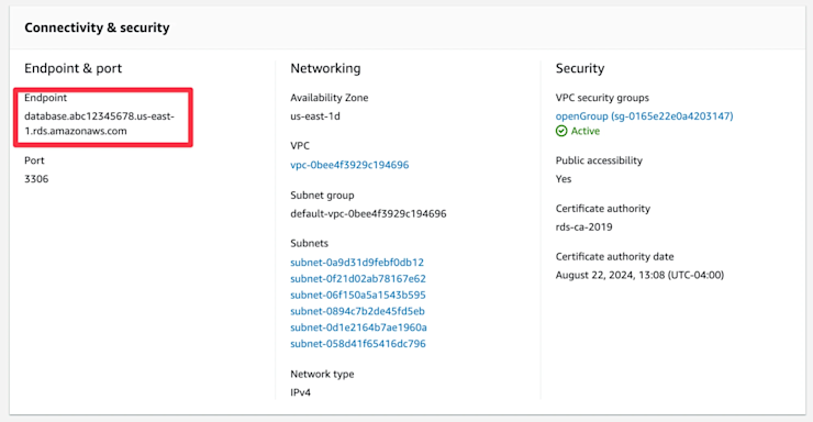 MySQL host address in RDS