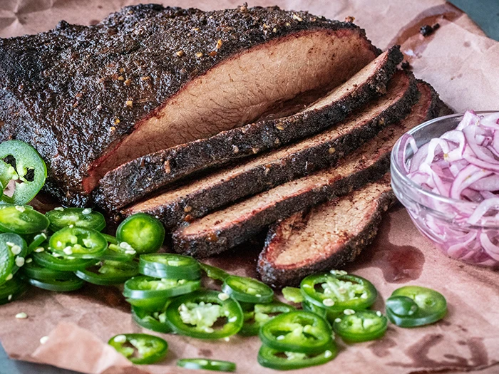 BBQ brisket with jalapenos and onions