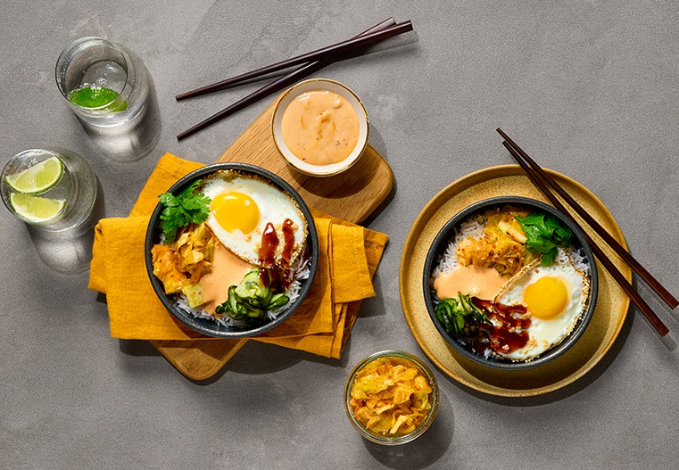 Bibimbap with sesame fried egg, pointed cabbage kimchi, pickled cucumber & Korean mayo