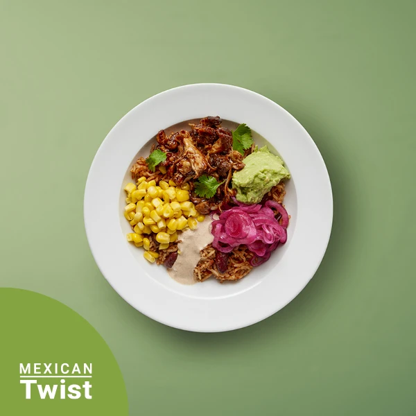 Burrito bowl with pulled chicken, chipotle creme & pickled onion​ ​