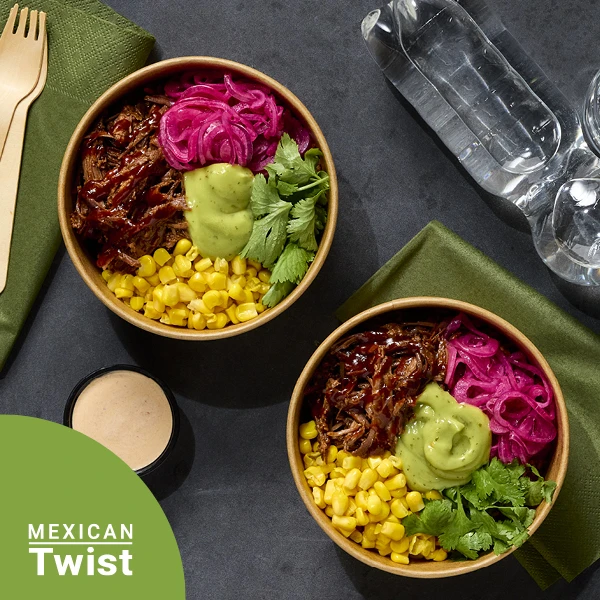 Burrito Bowl with pulled BBQ beef, chipotle creme & pickled onion​