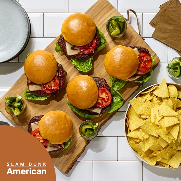 BBQ veggie cheeseburger, dill pickles & chimichurri slaw​