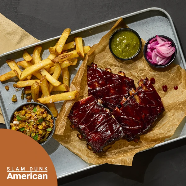 Sweet Chipotle glazed ribs, pommes frites, pickled onion, charred corn & salsa verde