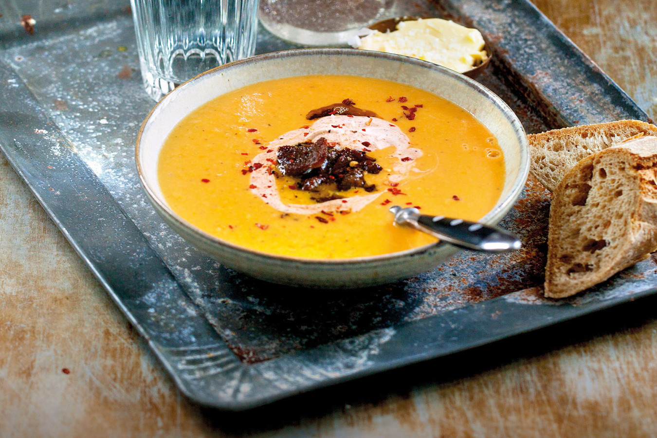 Sweet potato soup with kebab