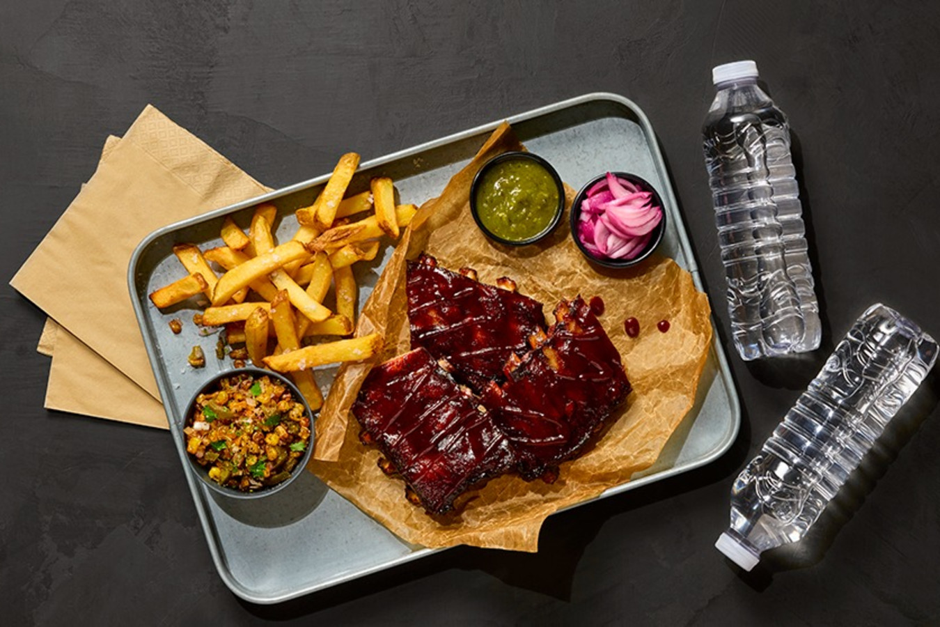 sweet-chipotle-glazed-ribs-with-french-fries-pickled-onion-charred-corn-and
