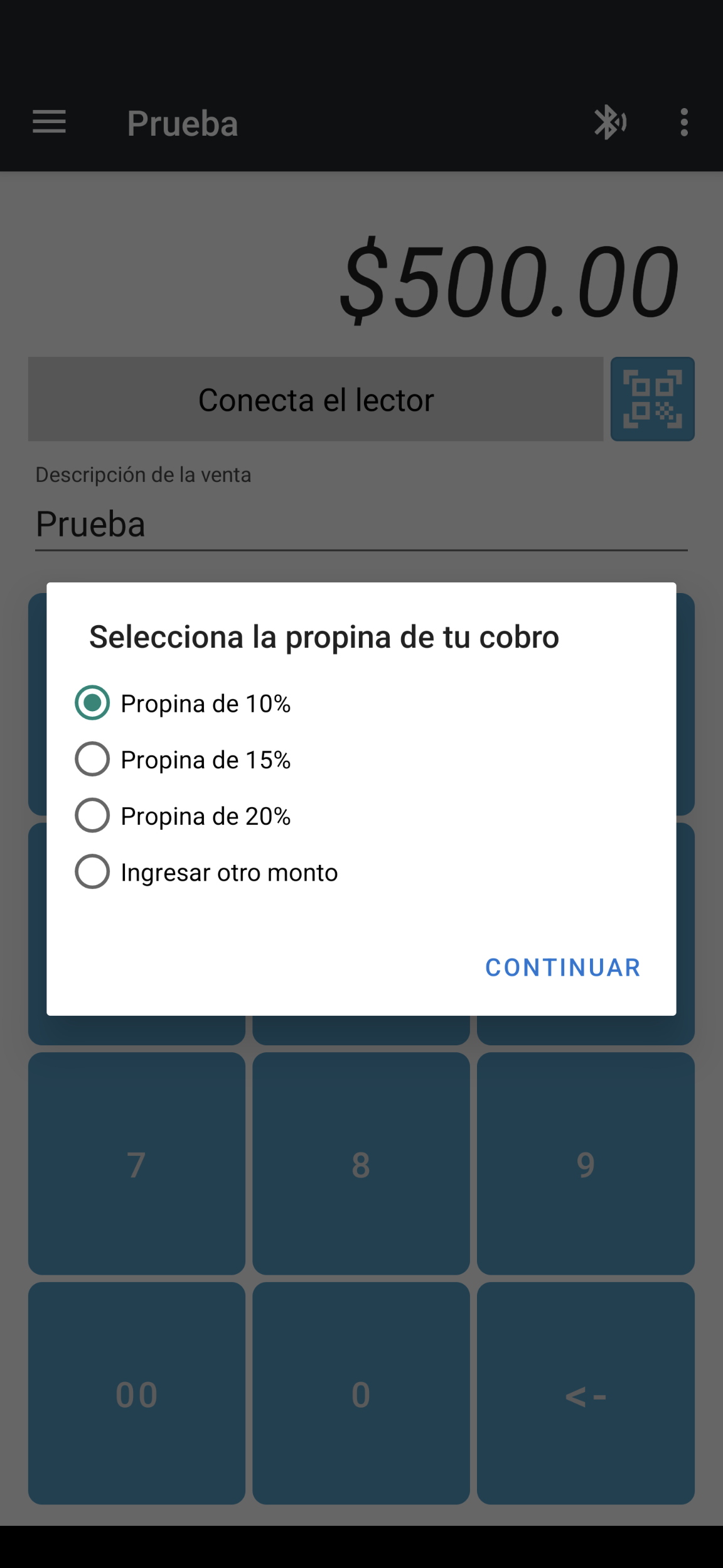 Diálogo de propina aplicación POS