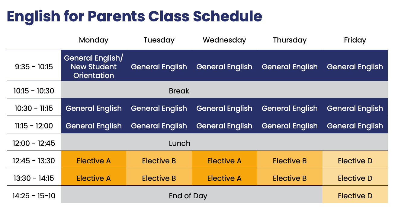 English for Parents|Oxford International Class Schedule