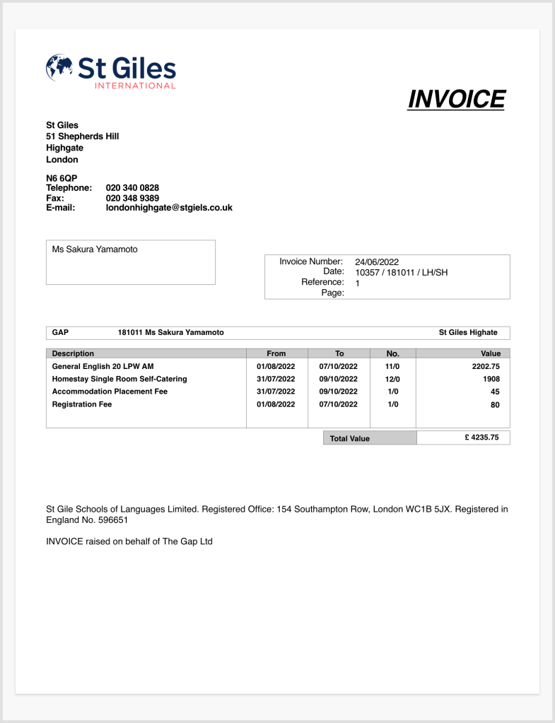 実際に学校から留学代理店に送られるInvoice｜新しい時代の留学