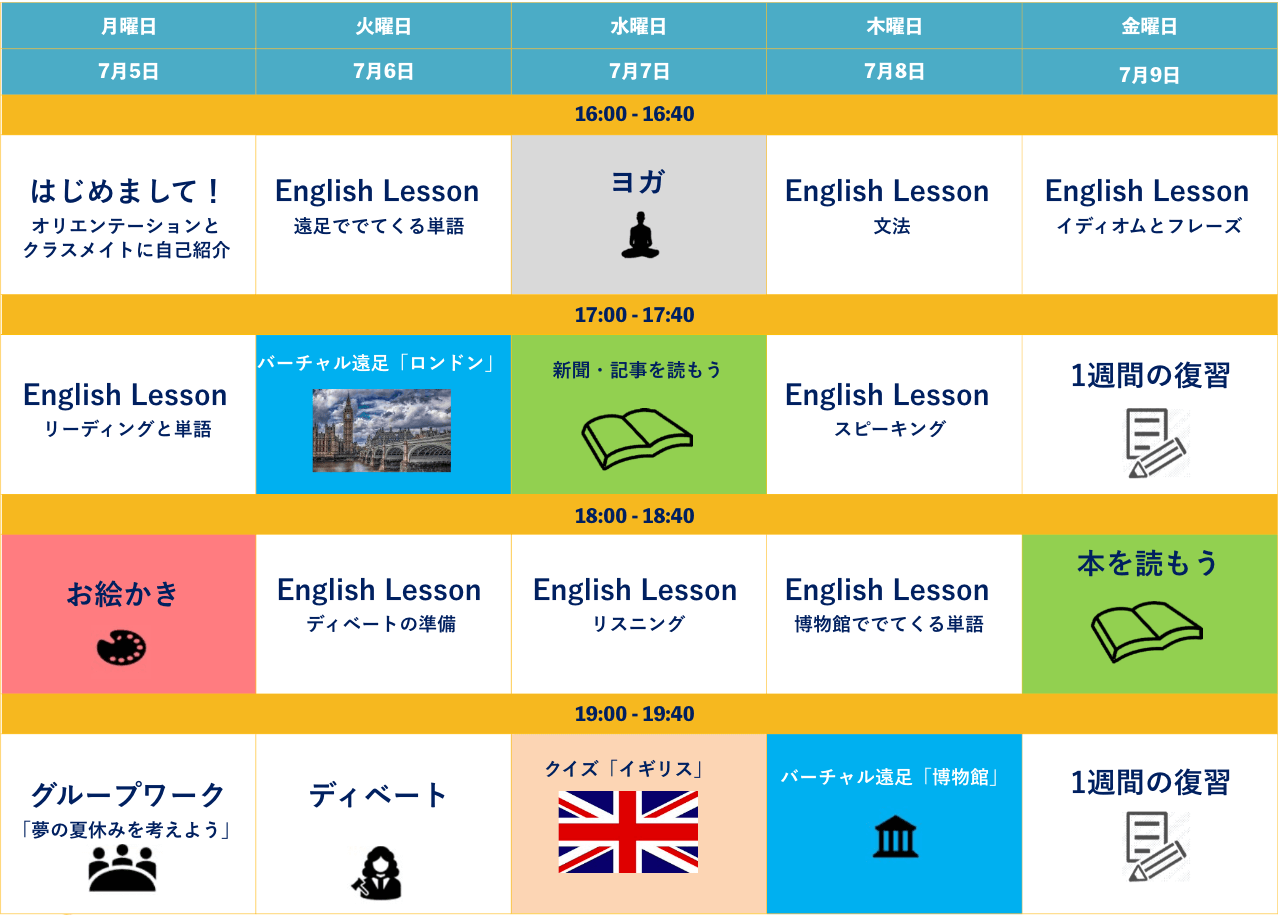 一週間のスケジュール|オンライン留学サマーコース小学生・子供向け