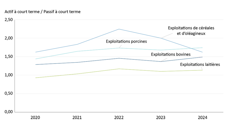 Graphique représentant le ratio moyen du fonds de roulement pour les exploitations bovines, laitières, porcines et de céréales et d’oléagineux de 2020 à 2024.