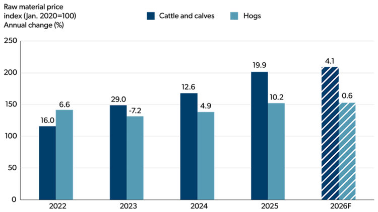 Column chart showing the raw material price index for cattle and calves in one bar and hogs in the other for the period between 2022 and 2026 forecast.