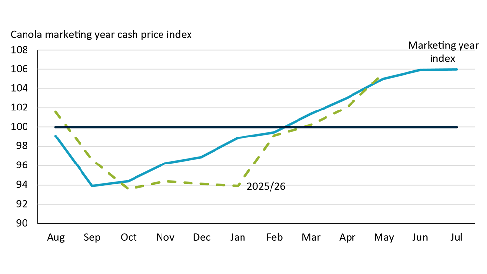 Line chart showing how canola prices in Saskatchewan usually dip at harvest time in September before rising the rest of the year reaching a peak in July. 2025/26 marketing year closely matches the historical pattern.
