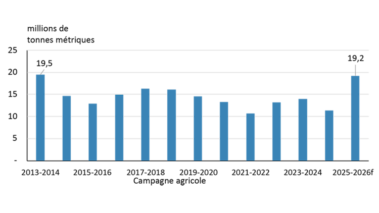 Graphique à barres illustrant que les stocks de fin de campagne agricole devraient atteindre des niveaux inégalés depuis 2013-2014.