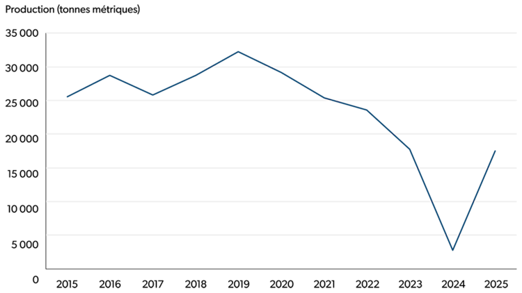 Graphique linéaire illustrant la production en tonnes métriques de raisins de l’espèce vinifera en Colombie-Britannique pour la période de 2015 à 2025. La production a chuté de beaucoup en 2024, puis a rebondi en 2025 pour atteindre des niveaux similaires à ceux de 2023.