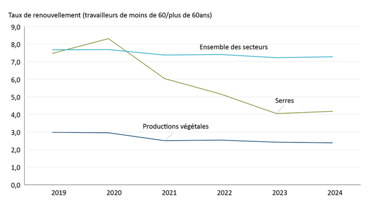 Graphique linéaire montrant le ratio de renouvellement pour les serres, les productions végétales et l’ensemble des secteurs. Les productions végétales et l’ensemble des secteurs affichent une lente diminution du ratio de renouvellement entre 2019 et 2024, mais le ratio des serres chute rapidement après 2020.