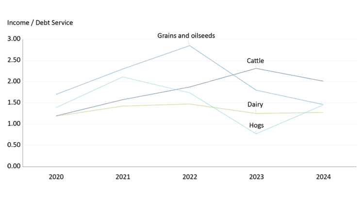 Graph showing the average debt service coverage ratio for cattle, grains and oilseeds, dairy and hog farms from 2020-2024.