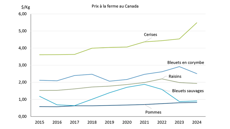 La figure 1 est un graphique linéaire montrant l’évolution des cerises, des bleuets en corymbe, des raisins, des bleuets sauvages et des pommes durant la période de 2015 à aujourd’hui. Pendant cette période, la plupart des prix des fruits ont augmenté.