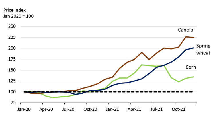 Chart showing grain and oilseed prices elevated through 2021.
