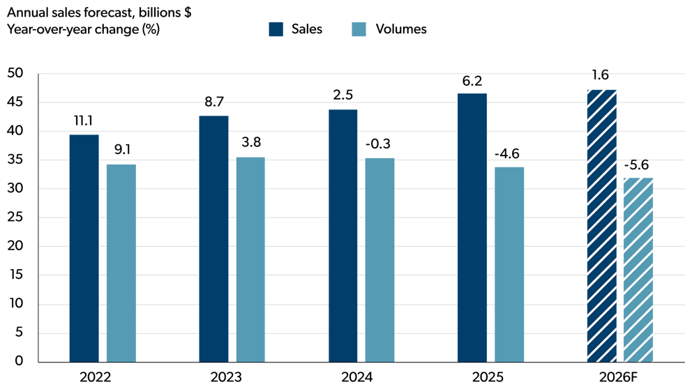 Column chart showing annual sales and volumes for 2022 – 2026F. Sales rise steadily each year reaching the highest level in 2026 while volumes decline from 2024 to 2026F.
