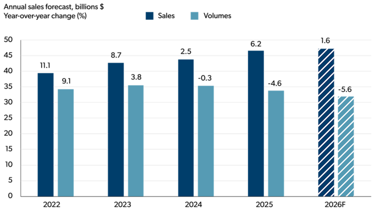 Column chart showing annual sales and volumes for 2022 – 2026F. Sales rise steadily each year reaching the highest level in 2026 while volumes decline from 2024 to 2026F.