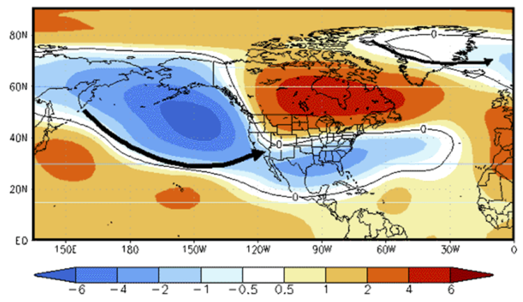 A map of atmospheric pressure trends in North America, likely to be produced by an El Niño winter.
