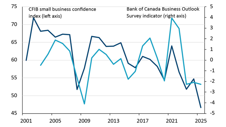Line chart showing slump in business confidence based on surveys from Bank of Canada and Canadian Federation of Independent Business