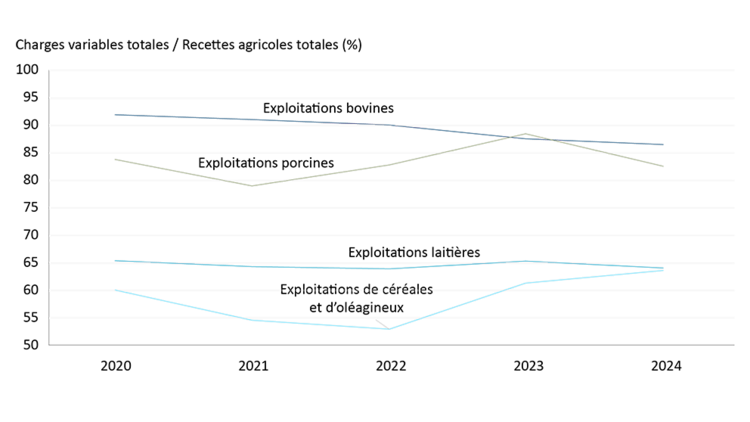 Graphique montrant le ratio moyen des charges d’exploitation pour les exploitations bovines, laitières, porcines et de céréales et d’oléagineux de 2020 à 2024.