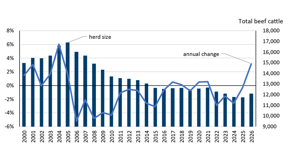 A bar chart showing the annual percentage change in the Canadian cattle herd.
