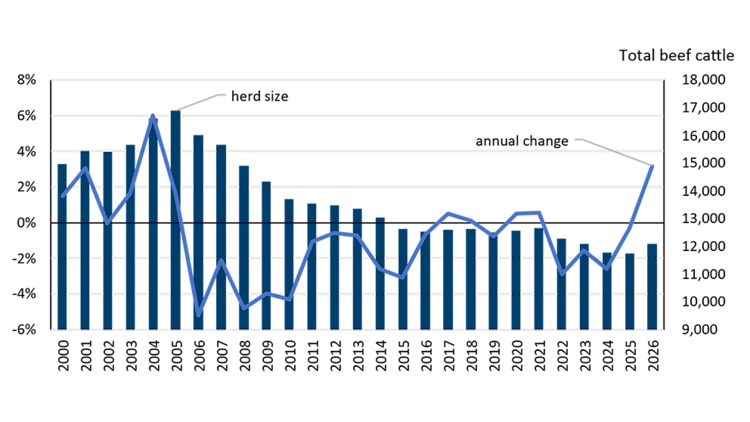 A bar chart showing the annual percentage change in the Canadian cattle herd.