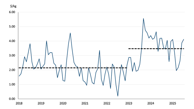A line chart showing the premium on U.S. beef imports has increased since 2023.