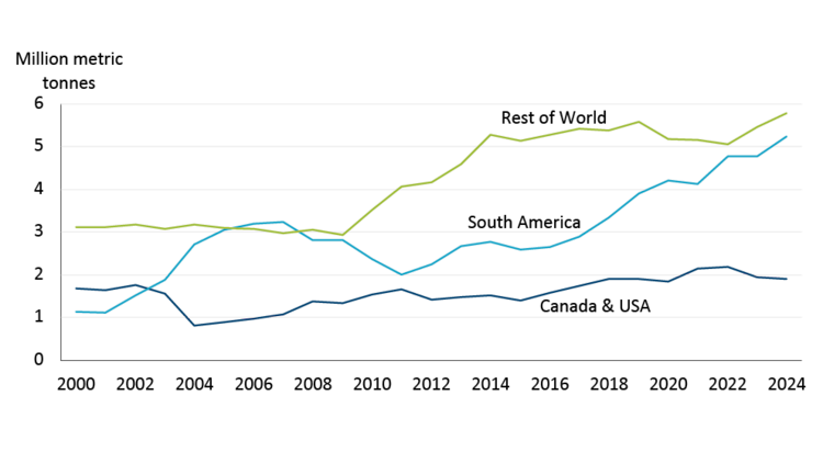 Figure 3 shows there has been strong growth in beef exports since 2000 in South America. Canada and the U.S. has not seen strong export growth in this time.