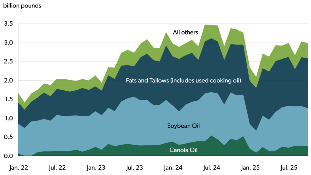 Stacked area chart showing U.S. biofuel feedstock demand from January 2022 to mid‑2025, measured in billion pounds. Soybean oil and fats and tallows make up the largest shares, with smaller contributions from canola oil and other feedstocks. Total feedstock demand rises through 2023 and 2024, then declines sharply in early 2025.
