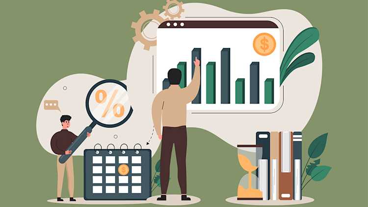 Illustration of two people analyzing financial data.