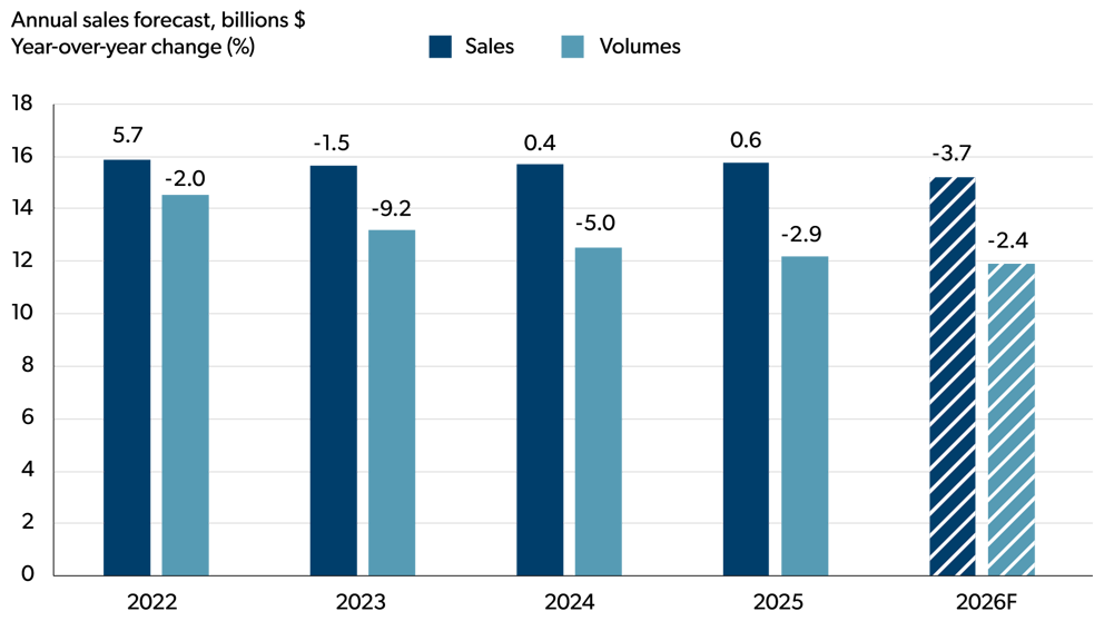 Bar chart showing year-over-year changes in annual sales and volumes from 2022 to 2026 forecast.
