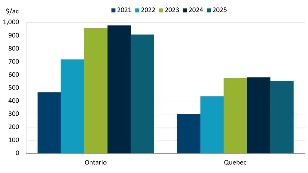 Bar chart showing a significant advantage in cashflow for Ontario and Quebec producers renting farmland verse newly purchased. Since 2021, the advantage in profitability has increased in all the listed provinces.
