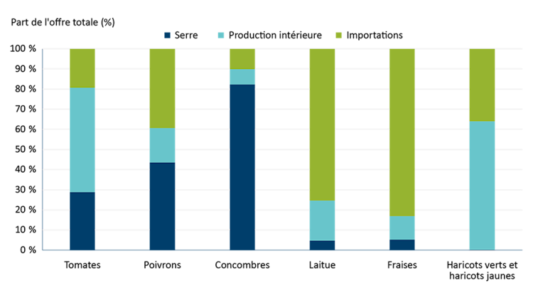 Diagramme à barres empilées montrant que les concombres de serre représentent une grande partie de l’offre globale, tandis que les haricots n’en représentent qu’un très faible pourcentage.