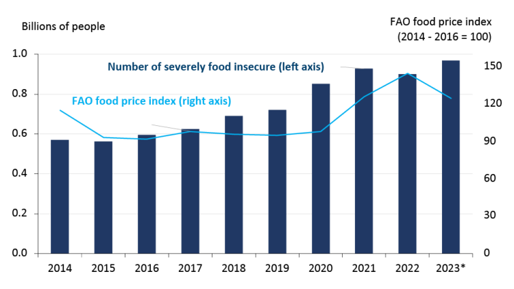 Figure 1 showing FAO food price index and population of food insecure.
Figure 1 showing food price index and world food insecure population.
