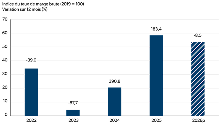 Graphique à barres illustrant les variations en glissement annuel de l’indice du taux de marge brute (2019 = 100) dans le secteur de la mise en conserve de fruits et de légumes et de la fabrication de spécialités alimentaires.