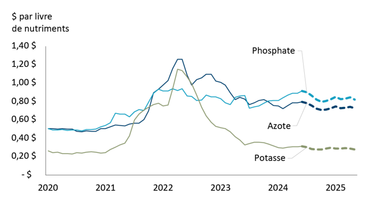 Figure montrant les prix historiques et prévus de l’engrais au Canada entre 2020 et 2025
