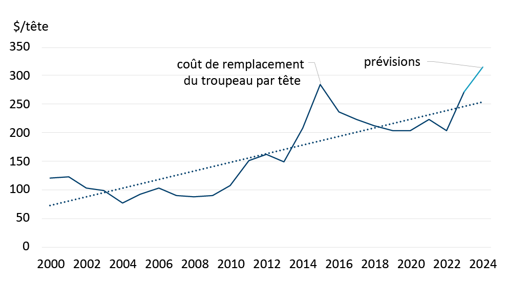 Ce graphique linéaire illustre la tendance à la hausse des coûts de remplacement du troupeau entre 2000 et 2023.
