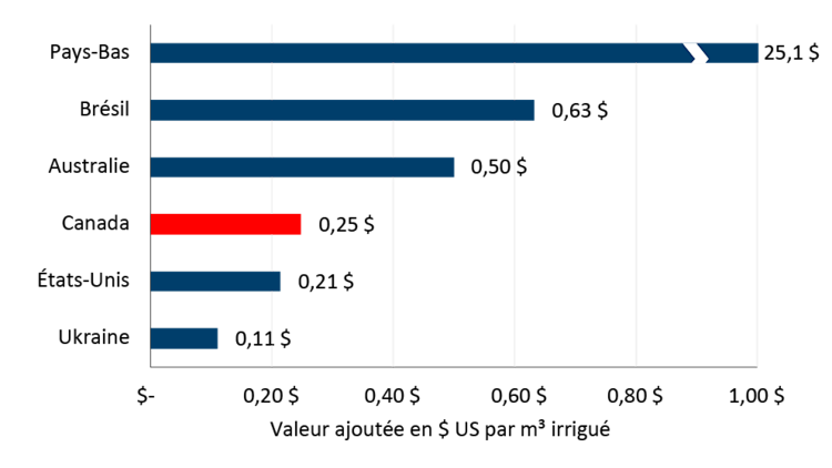Graphique montrant l’efficacité de la consommation d’eau dans l’agriculture irriguée au Canada par rapport à ses principaux concurrents mondiaux