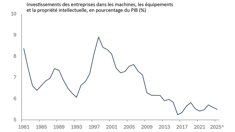 Graphique linéaire montrant les investissements des entreprises dans les machines, les équipements et la propriété intellectuelle, en pourcentage du PIB depuis 1981.