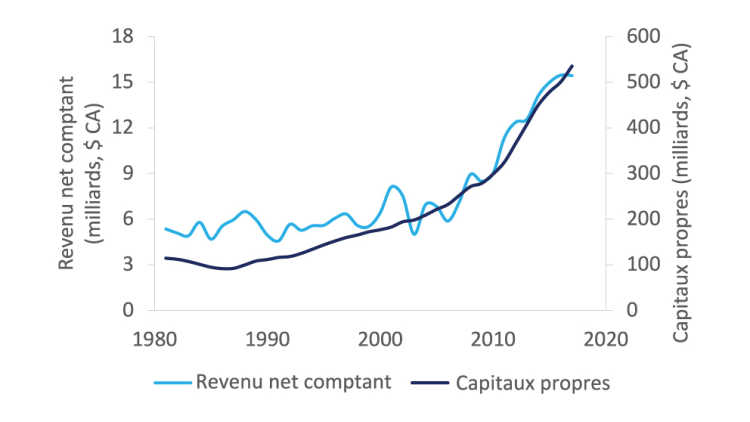 Figure 1 : Les capitaux propres progressent de façon parallèle au revenu net comptant
