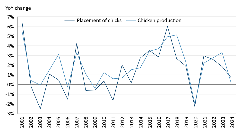 A line chart showing high correlation between the change in the placement of chicks and final chicken production.
