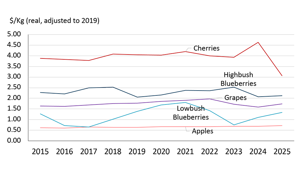 A line graph showing the trend in inflation-adjusted farm prices between 2015 and 2025 for cherries, wild blueberries, highbush blueberries, grapes, and apples. Cherries have the highest prices, peaking in 2024 before falling, while apples remain stable and blueberries and grapes show moderate fluctuations.
