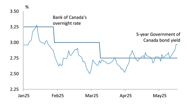 Line chart showing rising Canadian 5-year bond yield.